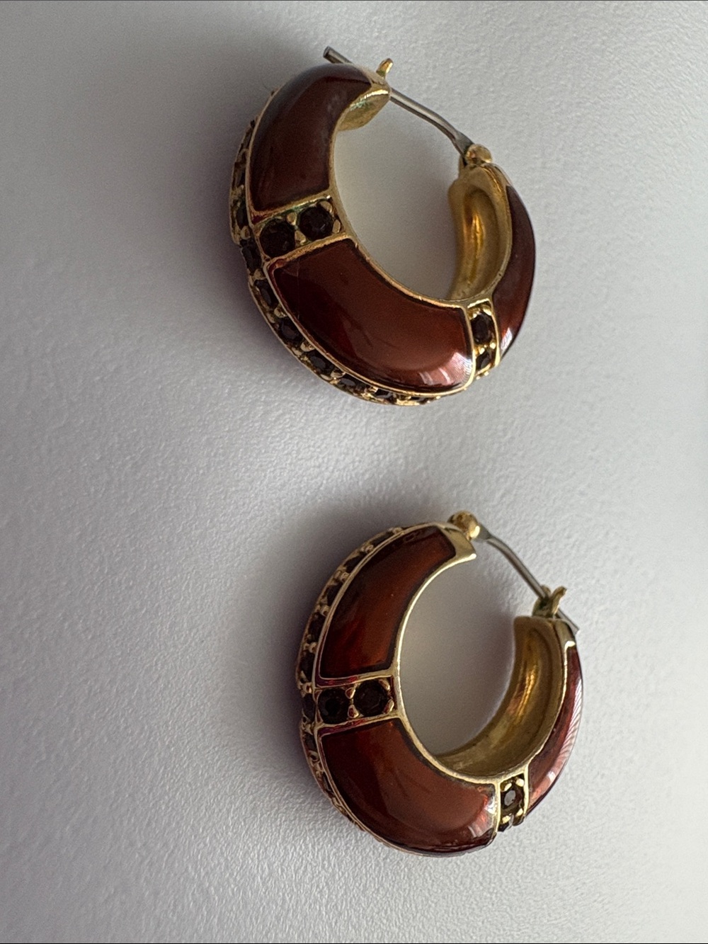 Vintage Enamel Earrings with Dark Ruby color Stones and Gold Finish